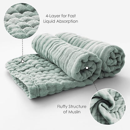 MOON PARK Baby Washcloths, 12 Pack - 12x12 Inches, Small Burp Cloths and Baby Wipes - 100% Cotton Muslin Ultra Soft for Newborn, Infant and Toddlers - Green