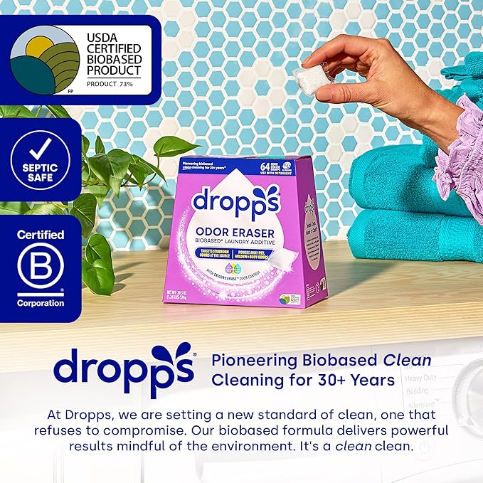 Dropps Odor Eraser Pods (64 Count) - Powered by TriCore Erase | Use With Detergent | Odor Remover | For Sweat, Musty Towels, Mildew, Pet & Body Odors | Clean Laundry Booster | Plastic-Free Packaging