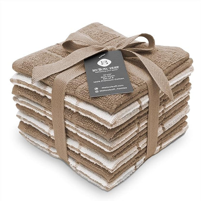 100% Cotton Terry Dish Cloth & Dish Towel, 8 Pack, Super Soft and Absorbent Kitchen Towels, Perfect for Kitchen Cleaning and Dish Washing (TAN (Solid and Checks) 8 Pack)