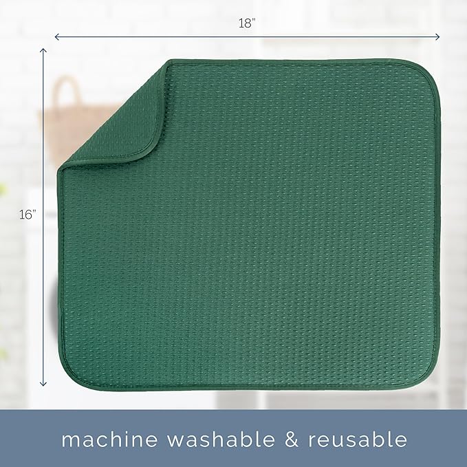 S&T INC. Dish Drying Mat, 16” x 18”, Absorbent Microfiber Kitchen Counter Mat, Drying Pad for Dishes, Utensils, Pots and Pans, Large, Diamond Texture, Emerald Green