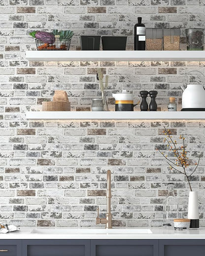 Brick Wallpaper Peel and Stick Wallpaper 17.3"x197" Grey and White 3D Brick Wallpapers Self Adhesive Vintage Wall Paper Removable Textured Contact Paper for Fireplace Kitchen Home Decoration Vinyl