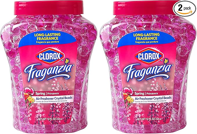 Clorox Fraganzia Crystal Beads Air Freshener Twin Pack, Long Lasting Room Deodorizer and Odor Eliminator Gel Beads for Home, Car, or Office, Spring Scent, 24 Fl Oz