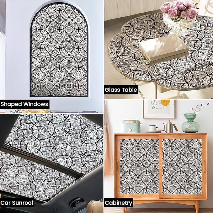DKTIE Boho Stained Glass Look Window Privacy Film with Installation Tools, Decorative Frosted Glass Window Film Static Cling No Glue Removable, Pure Black, 35.4" x 78.7"