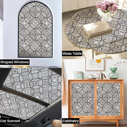 DKTIE Boho Stained Glass Look Window Privacy Film with Installation Tools, Decorative Frosted Glass Window Film Static Cling No Glue Removable, Pure Black, 17.7" x 118.1"