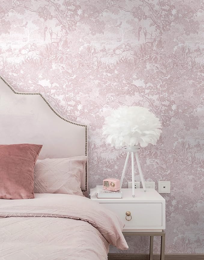 Heroad Peel and Stick Wallpaper Pink and White Vintage Forest Animals Floral Wallpaper Removable Self-Adhesive Contact Paper for Bedroom Living Room Cabinets Decoration Thicken Vinyl 17.3" x 197"