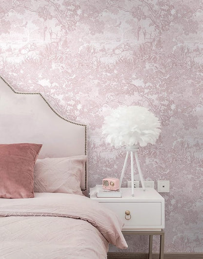 Heroad Peel and Stick Wallpaper Pink and White Vintage Forest Animals Floral Wallpaper Removable Self-Adhesive Contact Paper for Bedroom Living Room Cabinets Decoration Thicken Vinyl 17.3" x 393"
