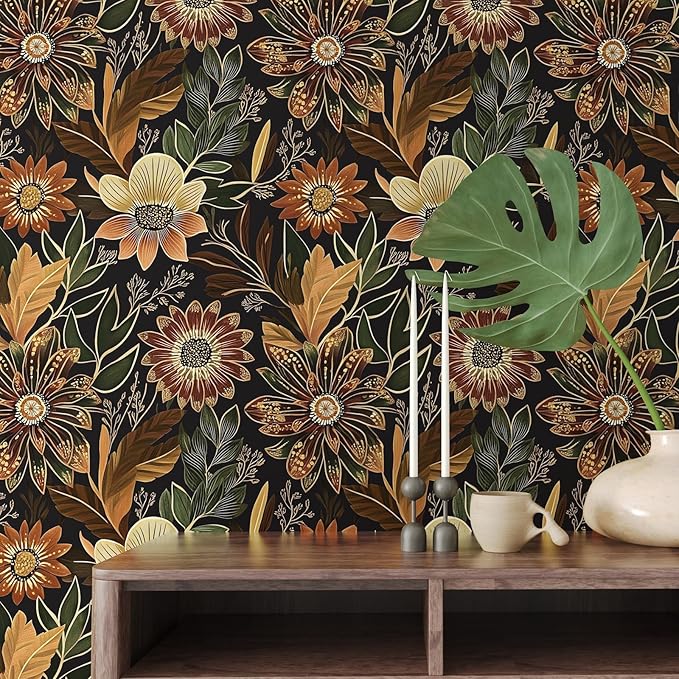 Laatse Boho Wallpaper Peel and Stick Dark Floral Wallpaper for Cabinet Vintage Contact Paper Waterproof Self Adhesive Removable Modern Wall Paper for Bedroom Stair Bathroom 17.5in x118in