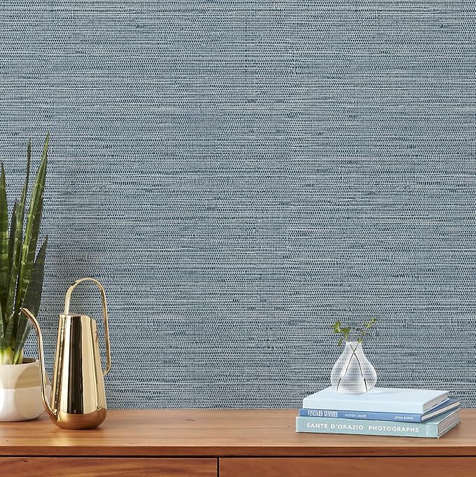Simon&Siff Grey Blue Textured Grasscloth Peel and Stick Wallpaper 17.7"x394" Faux Grassweave Wallpaper Waterproof Self Adhesive Removable Wallpaper Mural for Home Decor Bedroom Kitchen Cabinet