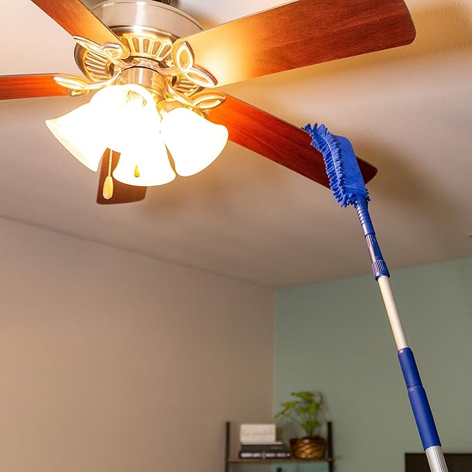 Ceiling Fan Duster Cobweb Duster, Extendable Reach 20 feet, | 3-Stage Aluminum Telescoping Pole | Extends for High Ceiling Duster | Long Handle Plus 2 Duster Heads