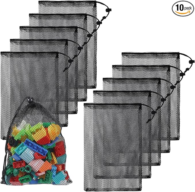 10 Pcs 8x12 Inch Nylon Mesh Drawstring Bags, with Cord Lock Closure - Delicates Laundry Bag for Washing Machine, Multipurpose Storage Bags for Basketball, Volleyball, Football, Golf Stuff Balls