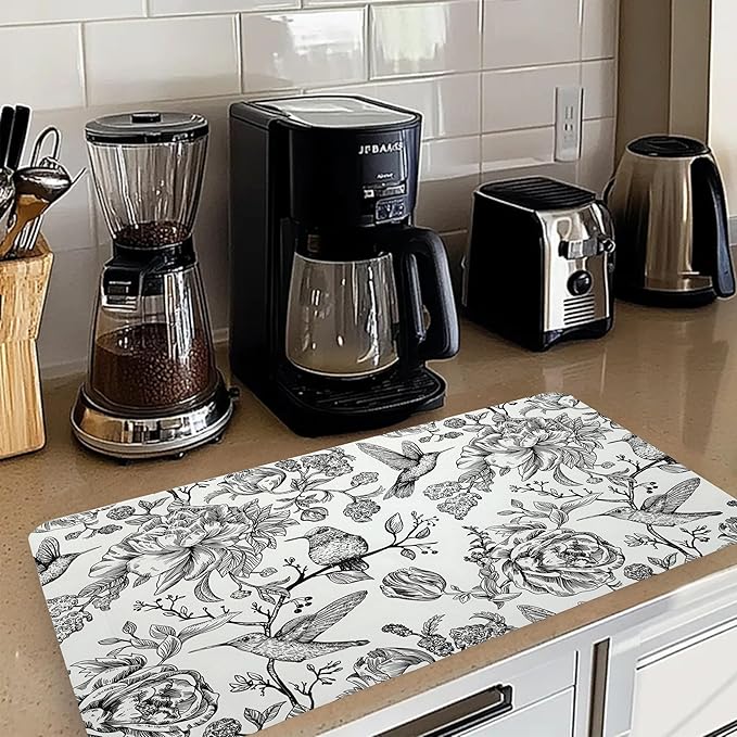 Black and White Floral Hummingbird Dish Drying Mat, Vintage Botanical Coffee Bar Mat for Countertops, Bird Flower Absorbent Dish Drying Mats for Kitchen Counter Coffee Maker, 16x24 Inch