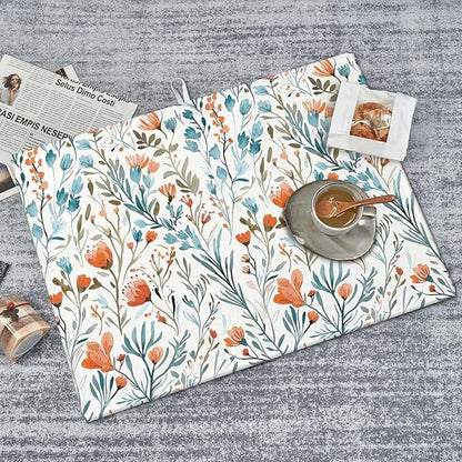 Burnt Orange Teal Floral Dish Drying Mats for Kitchen Counter & Sink, 18" x 24" Absorbent Microfiber Cute Drying Pad for Dishes, Washable Foldable Teal and Orange Dishes Drainer Mats, Boho Home Decor