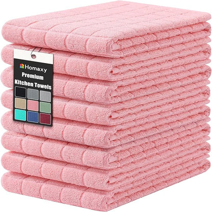 Homaxy Premium Cotton Kitchen Towels 16"x 28", Large Natural Ring Spun 390 GSM Dish Towels, Super Absorbent Terry Kitchen Hand Towels, Soft Tea Towels with Hanging Loop, Pure Pink Design, 8 Pack