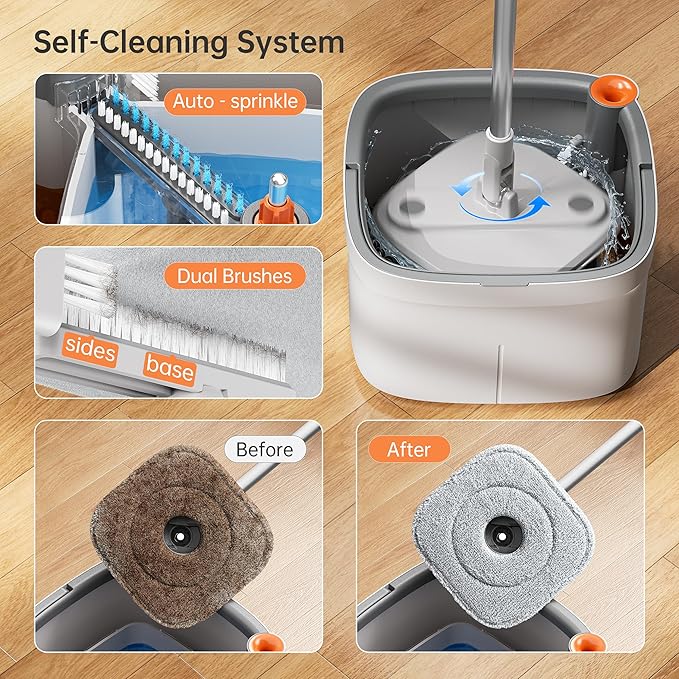 KZKR Spin Square mop and Bucket System with Wringer Set for Home with 10 Mop Pads (Grey,White)