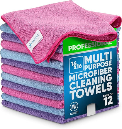 MW Pro Microfiber Cleaning Cloth |Pink, Purple, Blue (12 Pack) | Size 16" x 16" Multi Surface Microfiber Towels