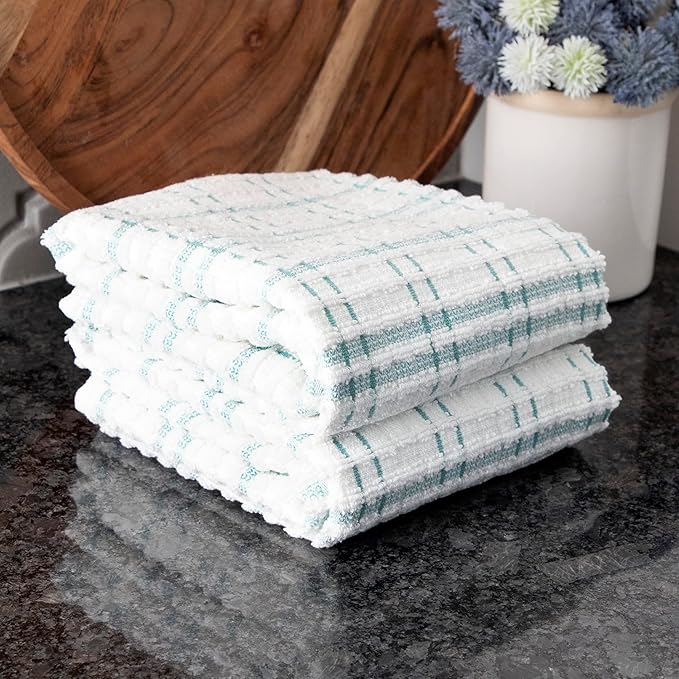 Ritz Royale Collection 100% Combed Terry Cotton, Highly Absorbent, Oversized Kitchen Towel Set, 28" x 18", 2-Pack, Checked, Dew