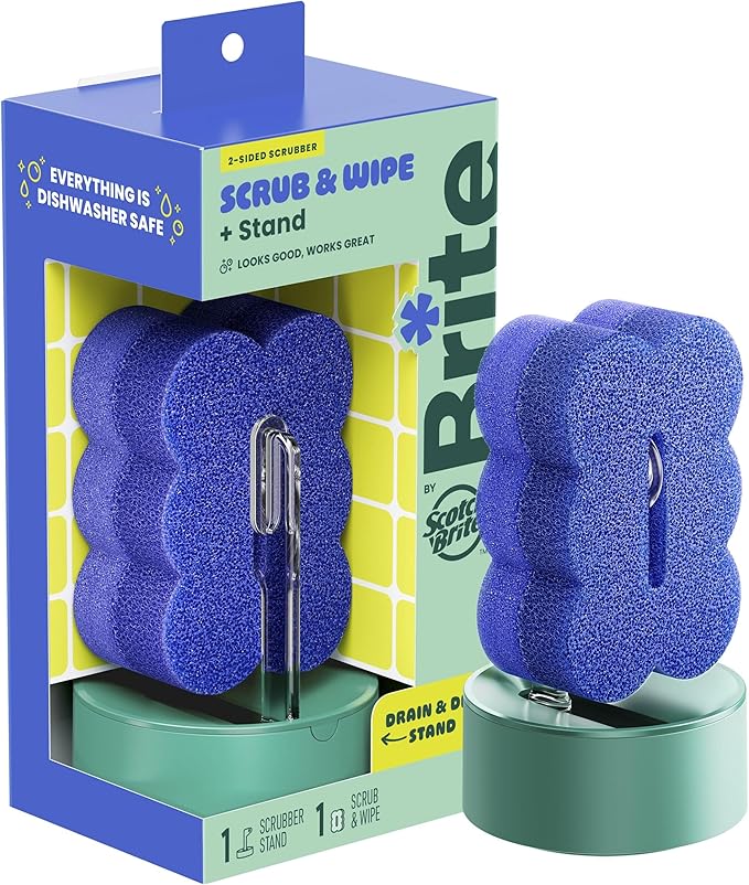 Brite by Scotch-Brite Scrub & Wipe with Drain + Dry Stand, Kitchen Sponge for Washing Dishes, 1 Scrub Sponge