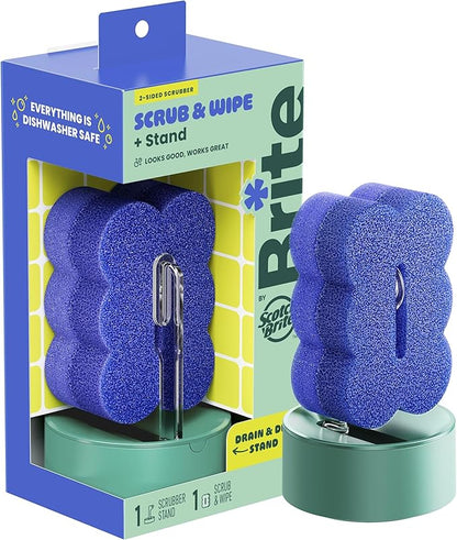 Brite by Scotch-Brite Scrub & Wipe with Drain + Dry Stand, Kitchen Sponge for Washing Dishes, 1 Scrub Sponge