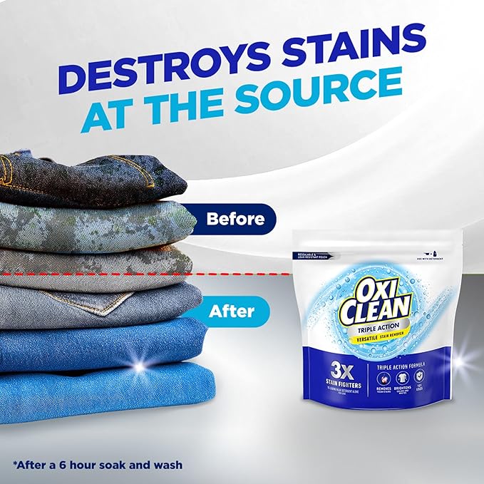 OxiClean Triple Action Versatile Stain Remover Powder, Use with Detergent, Removes Tough Stains like Grease, Blood and Grass, Brightens Colors and Whites, Chlorine Free, 6.5 lbs