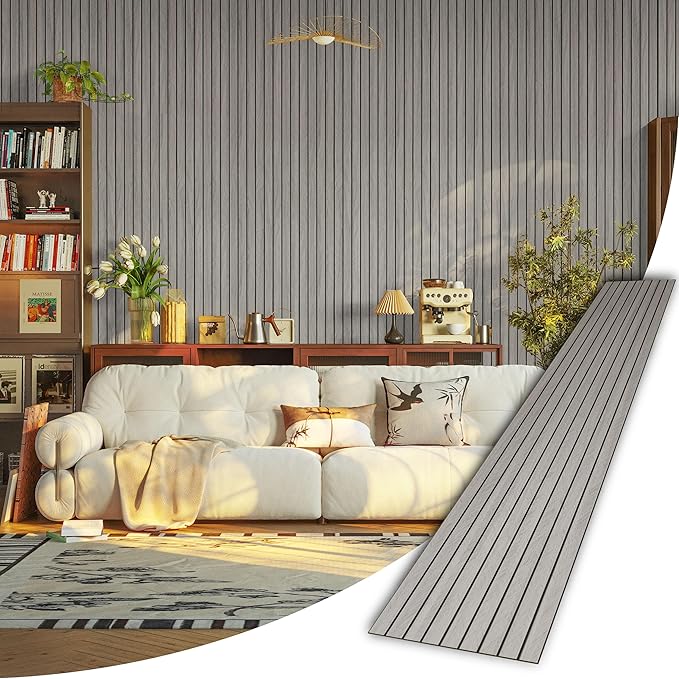 PVC 3D Wood Wall Panels Peel and Stick - 236" x 15.7" Light Grey Faux Wood Slat Wallpaper - Wooden Gray Grain Look Self-Adhesive Waterproof Paneling - Soundproof Walls Panel for Interior Wall Decor