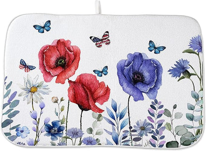 Independence Day Dish Drying Mat 18x24 For Kitchen Counter 4th Of July Blue Red Floral Kitchen Drying Mat Memorial Day Decorative patriotic Flower Drying Pad for Kitchen Decor,Dining Room
