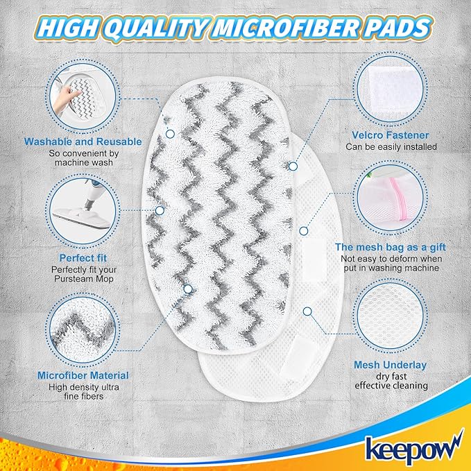 KEEPOW Heavy-Duty Steam Mop Pads for PurSteam ThermaPro 10-in-1, Extra Thick & Highly Absorbent Microfiber, Washable Reusable Replacement Pads for Deep Cleaning - 4 Pack