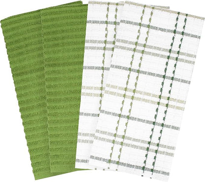 Ritz Royale Collection 100% Combed Terry Cotton, Highly Absorbent, Kitchen Towel Set, 13-3/4" x 12", 4-Pack, Solid & Checked, Cactus