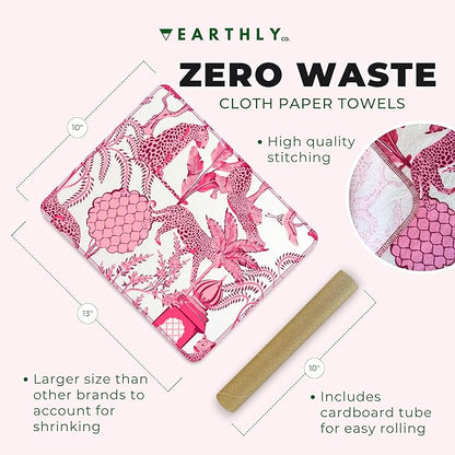 Reusable Paper Towels - 10 Pack - Roll of Washable Cotton Cloth Paper Towels - Paperless Reusable Napkins Cloth Washable - Absorbent + Long Lasting - Zero Waste Products - (Rosé Safari)