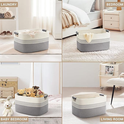 72L Large Laundry Basket with Leather Handles for Living Room Storage, Woven Rope Baskets Bin for Blanket, Kids Toy, Gifts, Wicker Hamper for Bedroom Dirty Clothes, 22"x17"x12" White Grey