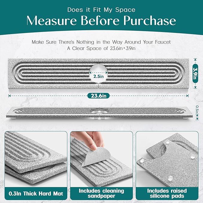 Stone Kitchen Sink Faucet Mat, Premium Upgraded Diatomite Drying Stone Mat & Sink Protector Splash Guard - Prevent Moisture Drying Stone Tray for Kitchen Counter (23.6" x 3.9", Dishwasher Safe)