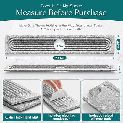 Stone Kitchen Sink Faucet Mat, Premium Upgraded Diatomite Drying Stone Mat & Sink Protector Splash Guard - Prevent Moisture Drying Stone Tray for Kitchen Counter (23.6" x 3.9", Dishwasher Safe)