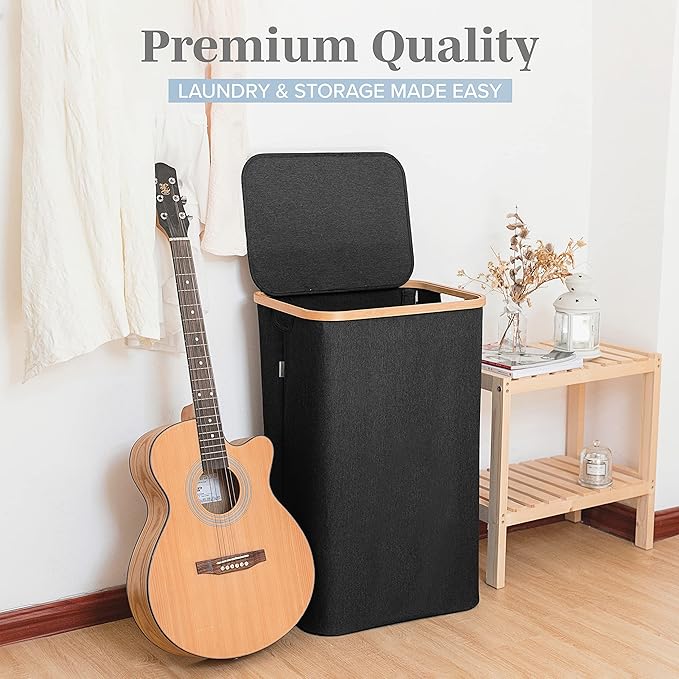 LONBET Laundry Basket with Lid, Made from Breathable Fabric | Aesthetic Clothes Hampers for Laundry with Side Handles & Sturdy Bamboo Frame (26 Gallons - Single, Black)