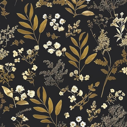 Laatse Black Gold Wallpaper Peel and Stick Dark Floral Wallpaper 17.5in x 118in Vintage Leaf Contact Paper Vinyl Waterproof Self Adhesive Boho Botanical Wall Paper for Bedroom Cabinet Décor
