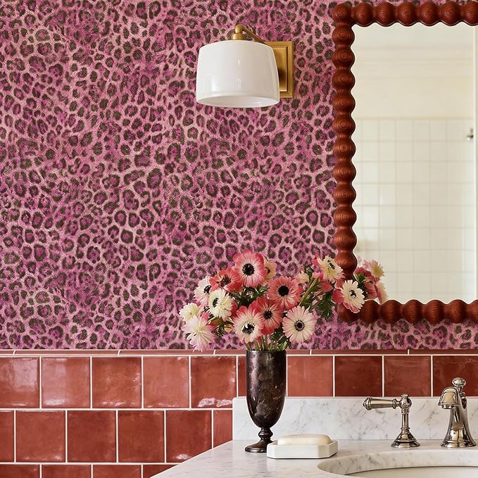 JiffDiff Upgrade Leopard Print Peel and Stick Wallpaper, 17.3" x 120" Waterproof Removable Self Adhesive Wallpaper, Pink Unique Funky Cheetah Contact Paper for Bedroom, Bathroom, Decor