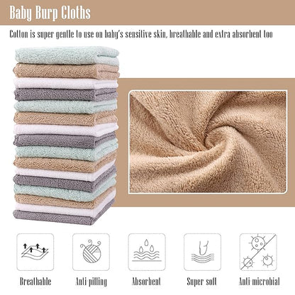 Cute Castle Ultra-Soft Baby Washcloths, 16 Pack - 9" by 9", Gentle on Sensitive Skin for Face and Body, Plush, Super Absorbent Wash Clothes for Girls and Boys,White+Brown+Grey+Sage Green