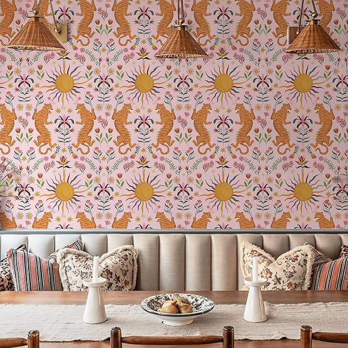 JiffDiff Pink Tiger Peel and Stick Wallpaper - Tropical Tiger Boho Removable Self Adhesive Jungle Animal Wall Paper for Bedroom, Living Room, Nursery Waterproof DIY Wall Decor (17.3" x 480")
