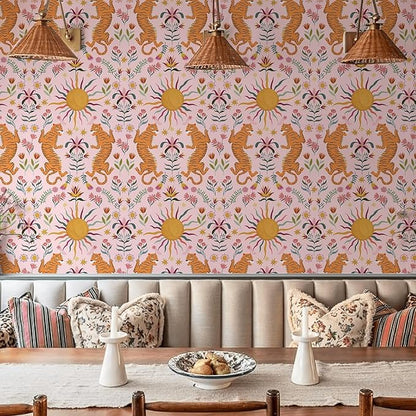 JiffDiff Pink Tiger Peel and Stick Wallpaper - Tropical Tiger Boho Removable Self Adhesive Jungle Animal Wall Paper for Bedroom, Living Room, Nursery Waterproof DIY Wall Decor (17.3" x 480")