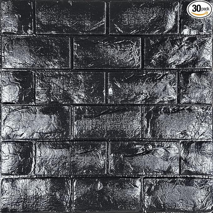 YU LI 3DH 3D Wall Panels Peel and Stick 30PCS Black Foam Brick Wallpaper for Bedroom Faux Stone Wall Panel Self-Adhesive Wallpaper (30PCS-29 Sq Ft, Black)