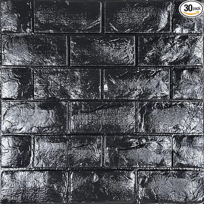 YU LI 3DH 3D Wall Panels Peel and Stick 30PCS Black Foam Brick Wallpaper for Bedroom Faux Stone Wall Panel Self-Adhesive Wallpaper (30PCS-29 Sq Ft, Black)
