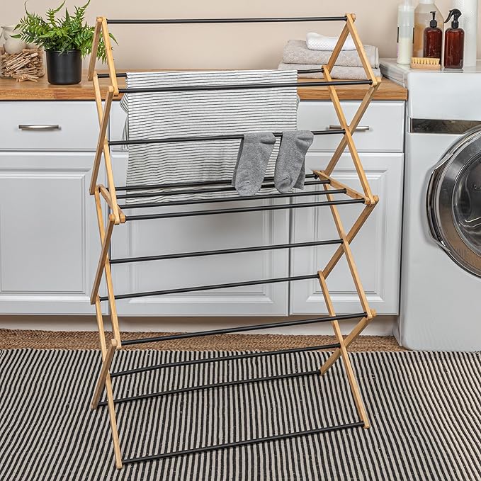 Household Essentials Bamboo Folding Clothes Drying Rack | Large Capacity, 14 Coated Metal Dowels, 28 Feet of Drying Space | Eco-Friendly, Collapsible Indoor Rack for Apartments, Homes & Dorms