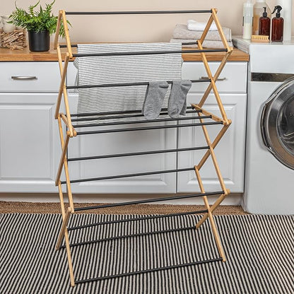 Household Essentials Bamboo Folding Clothes Drying Rack | Large Capacity, 14 Coated Metal Dowels, 28 Feet of Drying Space | Eco-Friendly, Collapsible Indoor Rack for Apartments, Homes & Dorms