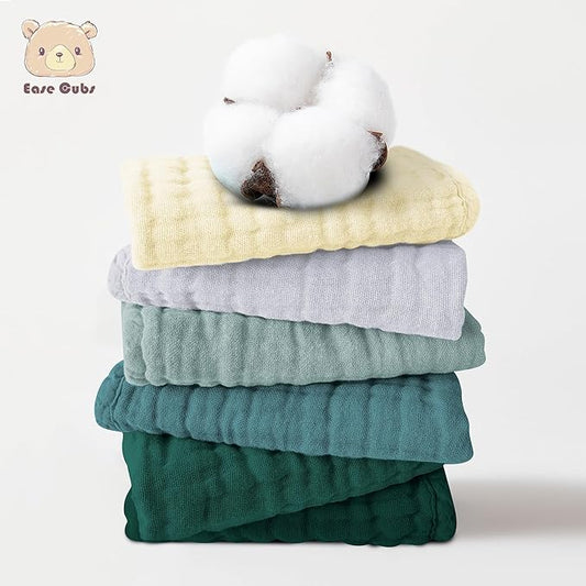 12 Pack Muslin Washcloths for Baby - 100% Cotton Baby Wash Cloths for or Baby Face Body Comfy and Soft for Newborn Infants Kids Girls and Boys - 12"x12" - Ivory, Slate and Emerald Series
