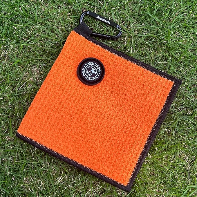 Small Magnetic Golf Towel with Clip, Microfiber Waffle Design - Industrial Strength Magnet for Glof Balls, Golf Bags, Carts Clubs - Orange