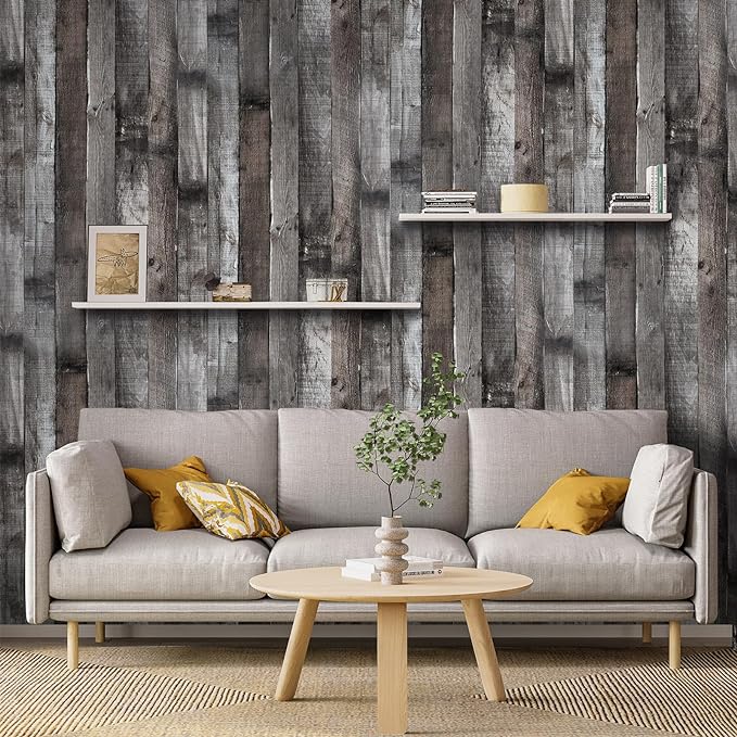 Yun-aeon Natural Wood-Dark Grey Wood Contact Paper Peel and Stick Wallpaper 17.3"x 400"Self Adhesive Removable Vintage Faux Wood Wall Paper Plank Shelf Home Decoration Kitchen Counter Cover Use