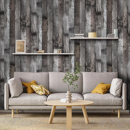 Yun-aeon Natural Wood-Dark Grey Wood Contact Paper Peel and Stick Wallpaper 17.3"x 120"Self Adhesive Removable Vintage Faux Wood Wall Paper Plank Shelf Home Decoration Kitchen Counter Cover Use
