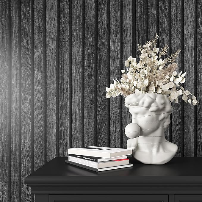 VEELIKE Charcoal Black Wood Slat Peel and Stick Wallpaper 24''x118'' Modern Wood Panel Look Contact Paper Waterproof Self Adhesive Slat Vinyl Wall Covering for Living Room Bedroom Office Accent Walls