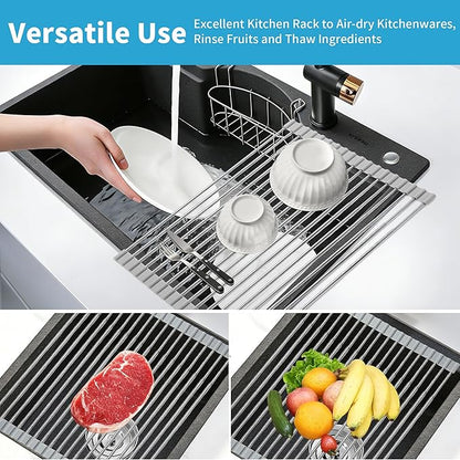 Expandable Roll-UP Dish Drying Rack-Large 304 Stainless Steel Dish Drainer Over The Sink for Kitchen Countertop,Extendable & Rollable & Food Grade (Silver,22.08'x 13.2')