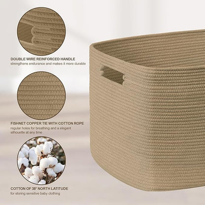 45L Small Wicker Laundry Basket for Living Room Storage,Cute Boho Woven Cotton Rope Baskets for Kids Toy,Gifts,Square Blanket Hamper for Bedroom Dirty Clothes,Jute