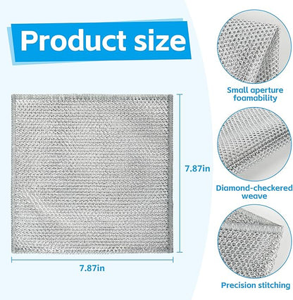 12Pack Multipurpose Wire Dishwashing Rags, Upgrade Non Scratch Wire Dishcloth, Silver Mesh Dish Cloths, Reusable Metal Mesh Cleaning Cloths, Steel Scrub Rags for Kitchen/Stove/Oven/Bath