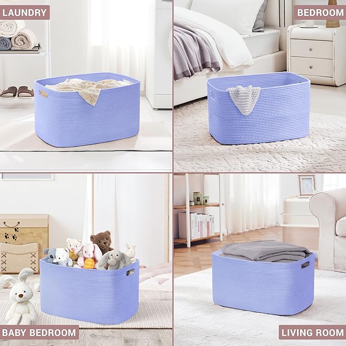 45L Small Baby Girls Laundry Basket for Nursery Storage,Cute Woven cotton Rope Baskets for Kids Toy，Gifts, Boho Square Wicker Blanket hamper for Living Room,Bedroom Dirty Clothes,Blue Purple